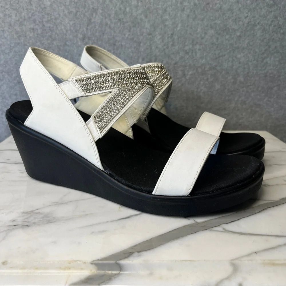 Skechers Women’s Wide Fit Wedge Sandals Black White Rhinestones